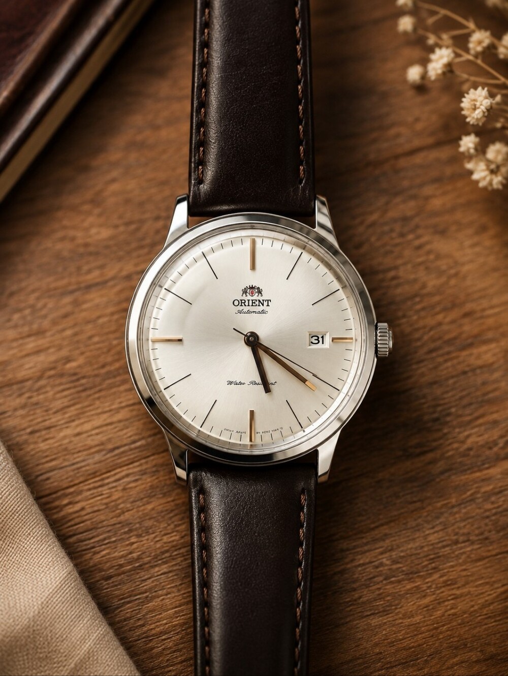 Men's Automatic Watch with Brown Leather Strap and Silver Case Orient Bambino
